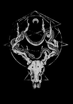 a black and white drawing of an animal skull with two snakes on it's back