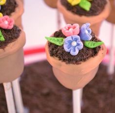 chocolate cupcakes decorated with flowers and grass on top of ice cream stick sticks