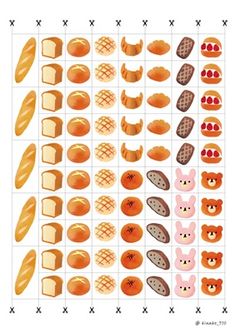 an illustration of different types of breads and pastries on a grid pattern background