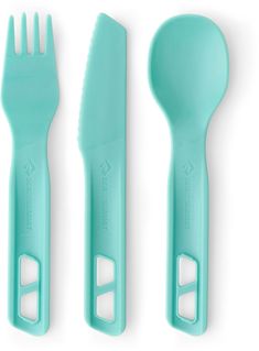 three plastic utensils with forks and spoons