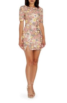 A glittering garden will get glasses raised when you arrive in this darling dazzler of a party dress. 33 1/2" length (size Mediuml) Hidden back-zip closure Ballet neck Scoop back Elbow-length sleeves Lined 100% polyester Hand wash, dry flat Imported Floral Cocktails, Floral Bridesmaid Dresses, Floral Bridesmaid, Outfits Jewelry, Wedding Theme Ideas, Sequined Dress, Dress The Population, Elbow Length Sleeve, Theme Ideas