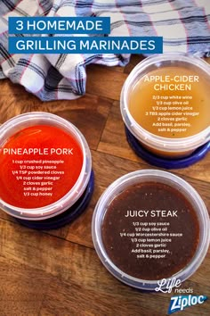 3 homemade grilling marinades in plastic containers on a wooden table with text overlay