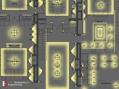 an overhead view of a floor plan for a building with multiple levels and lights on it