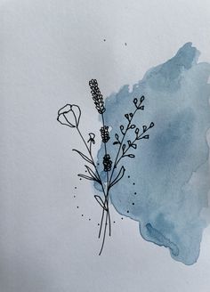 a watercolor drawing of flowers on a white paper with blue stain and black ink