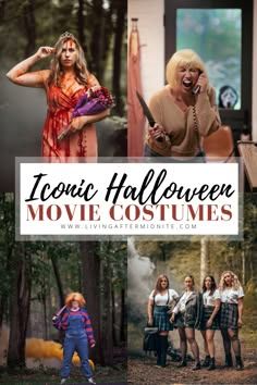 there are many pictures of women dressed in costumes and text that reads iconic halloween movie costumes