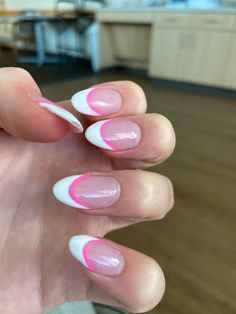 Blue Pink Acrylic Nails, French Tip Acrylic Nails Almond Summer, Simple Nails For Europe, Preppy Nail Inspo Summer, French Tip Nails With Line Under, French Tip With Pink Line, Preppy Nails For Summer, French Tip With Line Under, Pink And Blue French Tip Nails