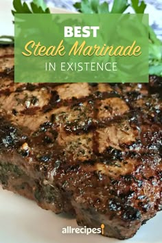 steak marinade on a white plate with parsley garnish and the title overlay reads best steak marinade in experience