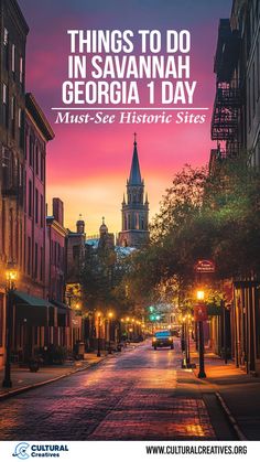 A cobblestone street in Savannah, Georgia, with historic buildings and a church steeple glowing at sunset, perfect for planning Things to Do in Savannah Georgia 1 Day. What To Do In Savannah Georgia, Forsyth Park Savannah, Coastal Georgia, Historic Savannah, Jekyll Island, Quick Getaway, Southern Food