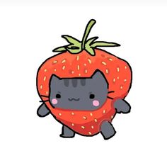 a drawing of a strawberry with a cat on it's back and the words hello kitty written below