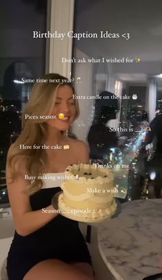 a woman sitting in front of a window holding a cake with candles on it and the words birthday caption ideas - 3