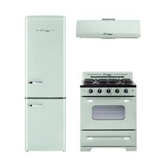 a white stove and refrigerator next to each other