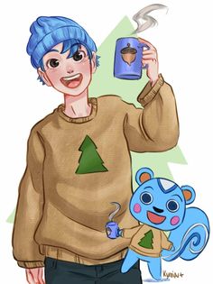 a boy with blue hair holding up a cell phone