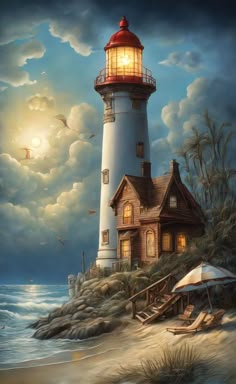 a painting of a lighthouse on the beach