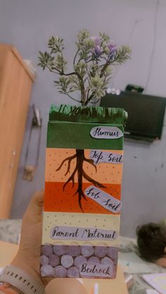 a person holding up a card with a plant growing out of it and words written on the cards