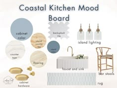 coastal kitchen mood board with blue and white accents