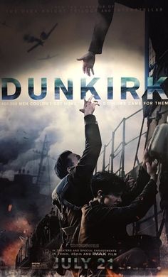 the poster for dunkir is shown in front of an image of two men on a ship