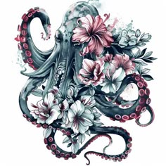 an octopus with flowers on it's back and tentacles attached to its body,