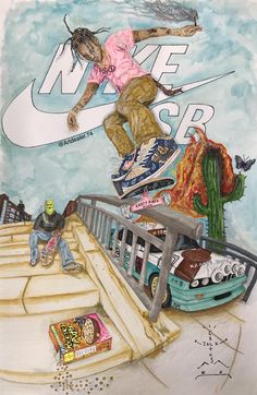 a drawing of a person on a skateboard jumping over a rail with other items