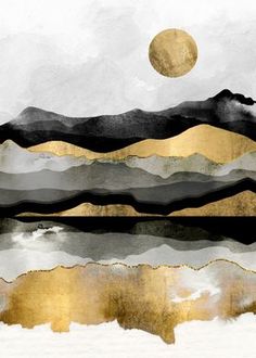 an abstract painting with gold and black colors on the water's surface is shown in front of a full moon