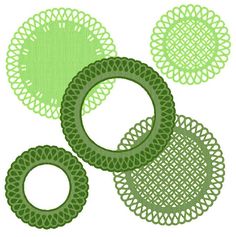 three circular doily designs in green on a white background