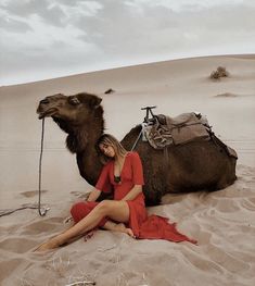 a woman sitting on the sand next to a camel