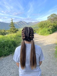 Braids Into Low Pigtails, Hairstyle With Dutch Braids, Braids And Pigtails, Two Braids Into Pigtails, Half Braided Pigtails, Dutch Braid Into Pigtails, French Braid To Pigtails, Dutch Braids Into Low Ponytail, Bonnaroo Hairstyles