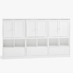 a white bookcase with six drawers and two doors on the front, one door open