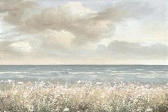 a painting of the ocean with clouds in the sky and flowers in the foreground