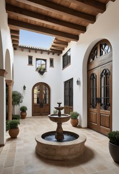 a fountain in the middle of a courtyard with potted plants and doors on either side