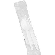 white plastic forks and spoons in a bag on a white background with clipping for text