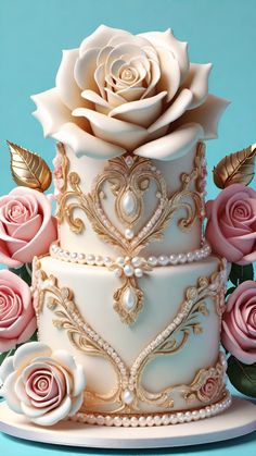 a three tiered cake with pink roses and pearls on the top, sitting on a blue surface