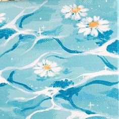 an acrylic painting of daisies and waves on a blue background with white swirls