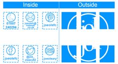 the inside and outside of a basketball court, with different symbols in blue on it