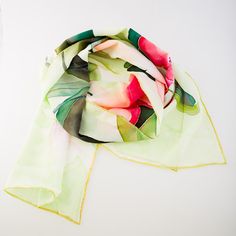 Handpainted Silk Scarf Orchids/ Green Red Pink by SilkIntuition Silk Scarf With Floral Print For Wedding, Green Silk Shawl For Wedding, Elegant Multicolor Wedding Scarves, Elegant Multicolor Wedding Scarf, Red Silk Scarf For Wedding, Artistic Silk Scarves For Weddings, Artistic Silk Scarves For Wedding, Artistic Wedding Dupatta, Silk Shawl Scarf For Wedding