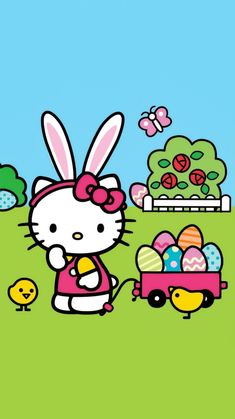 the hello kitty is holding an egg in her hand and standing next to some chickens