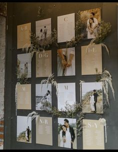 a wall covered in photos and paper with wedding date cards attached to the back of it