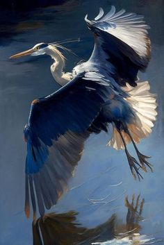 a painting of a bird flying in the air with its wings spread out and it's reflection in the water