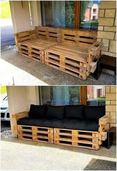 two pictures of a couch made out of wooden pallets and some black cushions on it