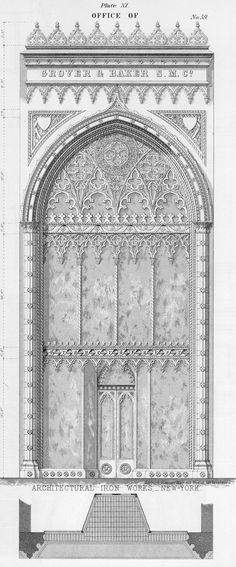 an architectural drawing shows the front and back sides of a building with arched doorways