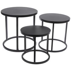 three round tables with metal bases and black tops