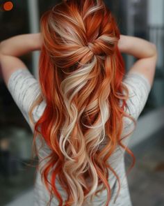 Red hair with blonde highlights Hair Red Blonde Highlights, Fun Auburn Hair Color Ideas, Blonde Vivid Hair, Cute Red And Blonde Hair, Copper Red And Blonde Hair, Blonde Hair With Red Front Pieces, Hair Ideas For Blondes Color, Copper And Platinum Hair