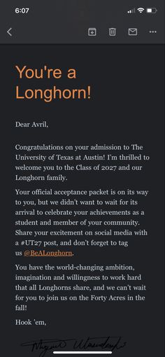 an email message with the words you're a longhorn on it and a black background