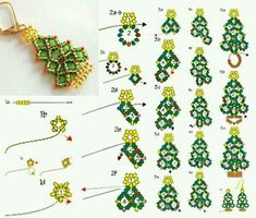 the instructions for beading christmas trees are shown in green and yellow beads, with red balls on them