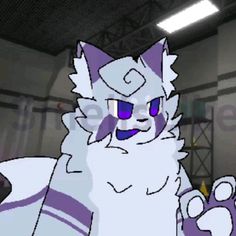 an animated image of a cat with purple eyes and white fur on it's head