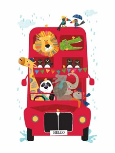 an image of a happy birthday card with animals on the back of a car in the rain