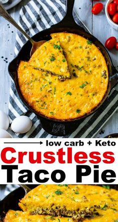 low carb keto crustless taco pie in a cast iron skillet