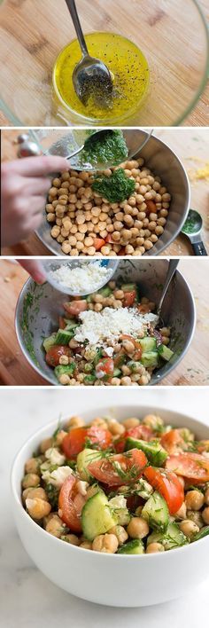 three pictures showing different types of food being made in the same bowl, including chickpeas, tomatoes, cucumbers and spinach