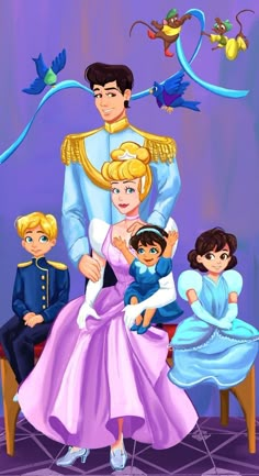 the disney princess and prince are sitting in front of each other, with their children