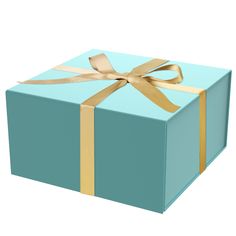 a blue gift box with gold ribbon and bow