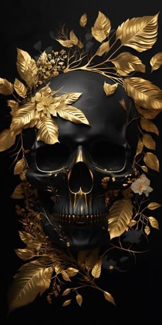 a black skull with gold leaves around it